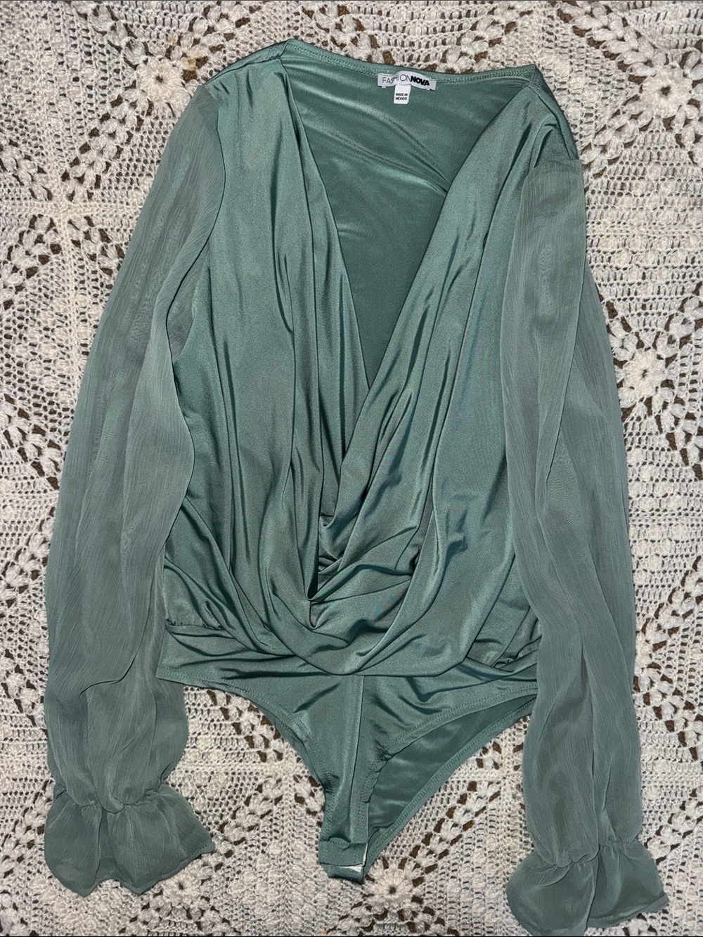 Fashion Nova Sage Green Draped Long-Sleeve Bodysuit